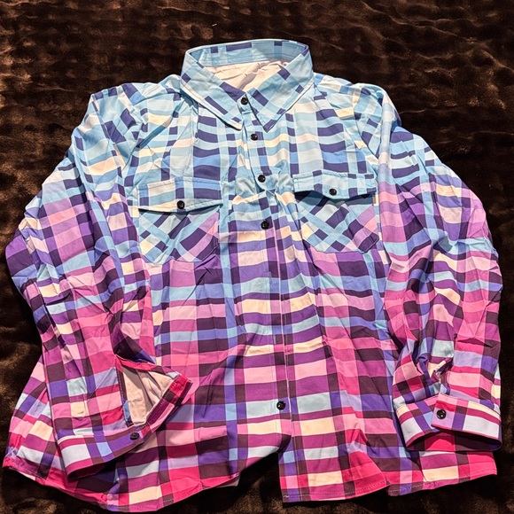The Unbranded Brand Tops - Women's Plaid Button Down Shirt in Blue and Pink says 2XL but it’s more a 1XL